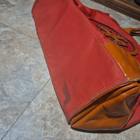 Tory Burch Tote Bag Handbag Nylon/Leather Red Brown - Picture 3 of 10